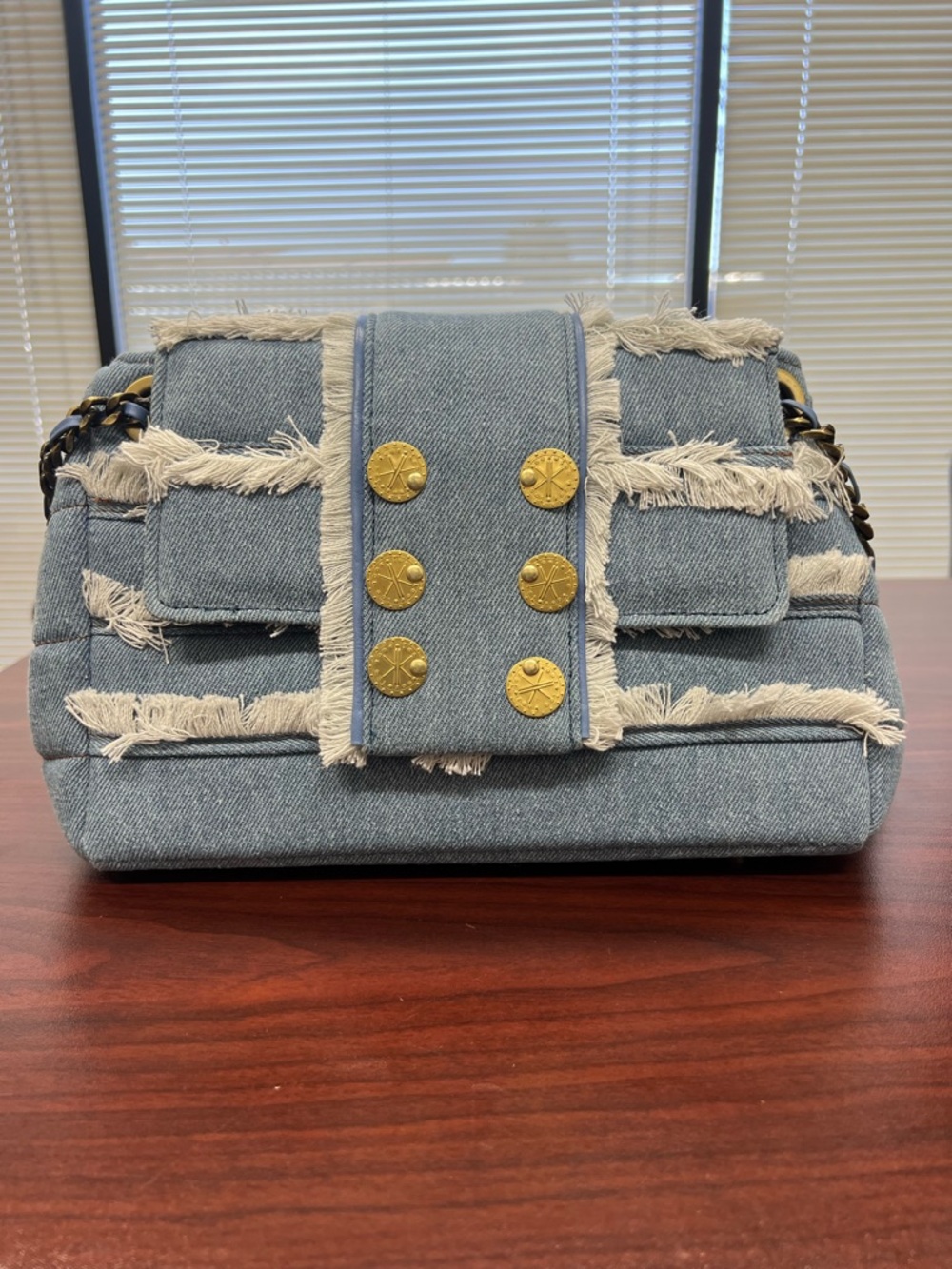 Kooreloo Denim Frayed Shoulder Bag with Gold-Tone Studs